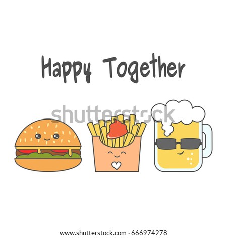 cute cartoon cheeseburger, french fries and glass of beer vector illustration