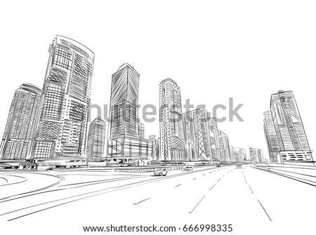 Dubai. United Arab Emirates. Hand drawn city sketch. Vector illustration. Royalty-Free Stock Photo #666998335