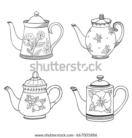 Hand drawn teapots collection. Doodle teapots and coffee kettles isolated on white background. Vector illustration on tea time icons for cafe and restaurant menu design.