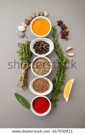 Various spices on a gray background.
