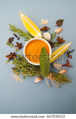 Various dried and spices and fresh seasonings on a gray table.
