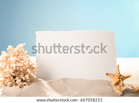 Blank card, starfish and coral on sand against color background. Concept of travel and vacation
