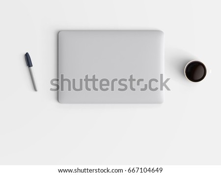 Modern office desk workplace with closed laptop, coffee cup and pen copy space on color background. Top view. Flat lay style. Royalty-Free Stock Photo #667104649