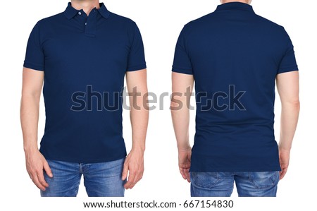 T-shirt design - young man in blank dark blue polo shirt from front and rear isolated Royalty-Free Stock Photo #667154830