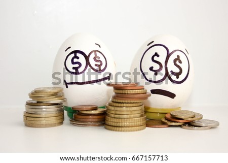 Business concept money. A happy and sad egg with coins. Photo for your design