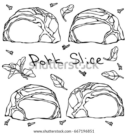 Row Pork Steak Slices and Herbs. Realistic Vector Illustration Isolated Hand Drawn Doodle or Cartoon Style Sketch. Fresh Meat Cuts.