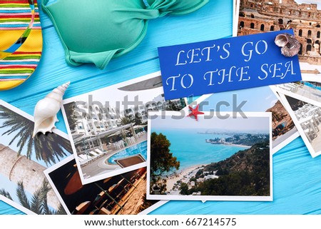 Bright pictures of summer vacation. Woman beach accessories, seashells, photos.