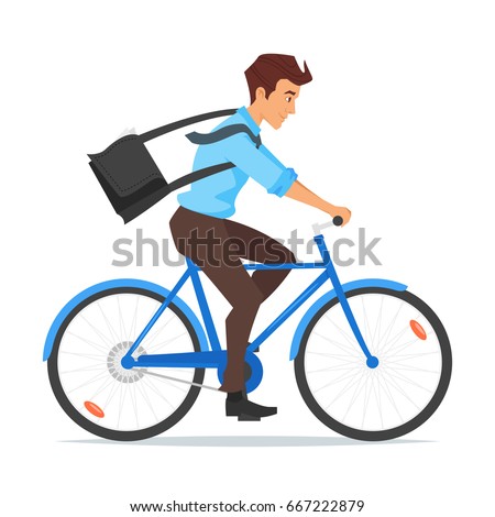Vector cartoon style illustration of businessman riding on the bike and hurrying to work. Isolated on white background.