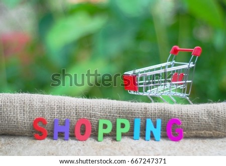 Shopping trolley with wording concept. Presented on a rag with the nature background.