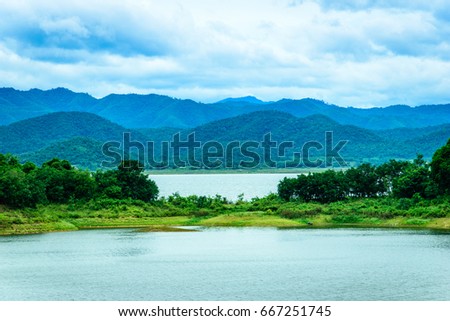 Mountain lake panorama with sky clouds and water view nature landscape lake in summer background, river