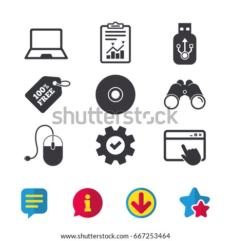 Notebook pc and Usb flash drive stick icons. Computer mouse and CD or DVD sign symbols. Browser window, Report and Service signs. Binoculars, Information and Download icons. Stars and Chat. Vector