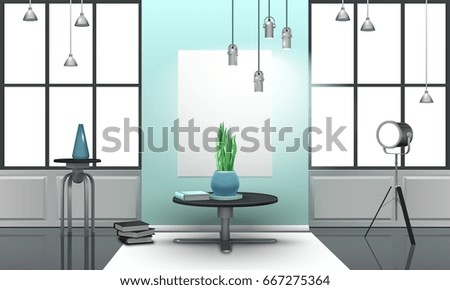 Realistic design loft interior in light tones with metal furniture, large windows with black frames vector illustration