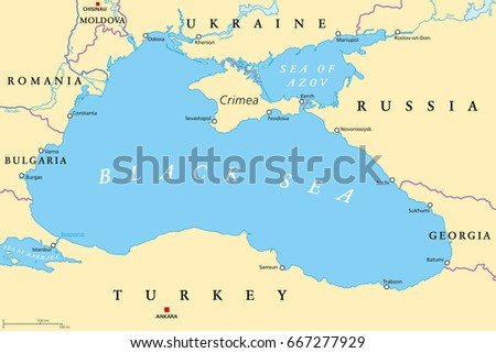 Black Sea and Sea of Azov region political map with capitals, most important cities, borders and rivers. Body of water between Eastern Europe and Western Asia. Illustration. English labeling. Vector. Royalty-Free Stock Photo #667277929