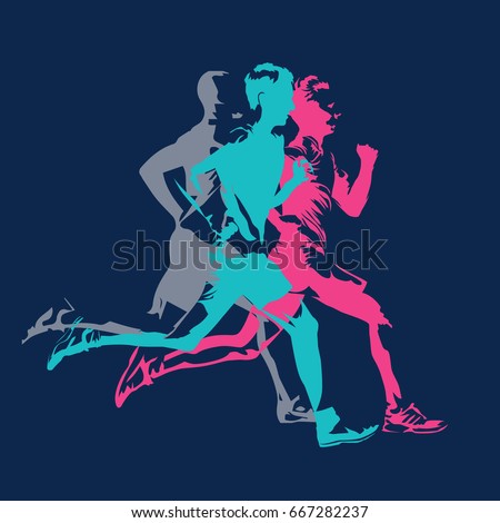 Marathon running, abstract colorful silhouettes of adult runners, vector poster Royalty-Free Stock Photo #667282237