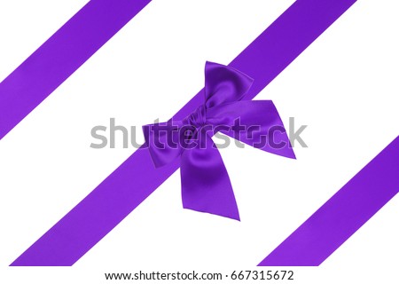 Single gift violet bow with three horizontal ribbons isolated on white