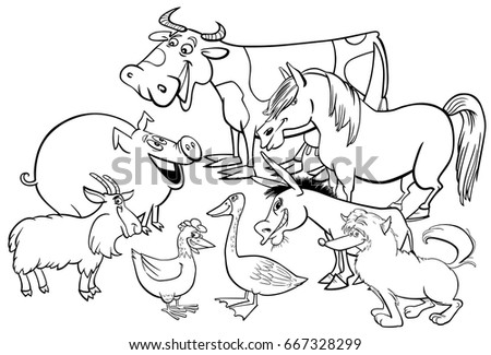 Black and White Cartoon Vector Illustration of Farm Animal Characters Group Coloring Book