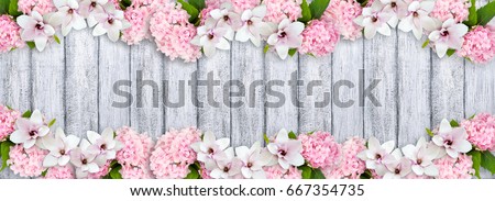 Banner with magnolia flowers, hortensia and place for your text on background of shabby wooden planks in rustic style. Top view. Flat design. Copy space.