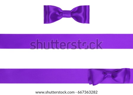 Set of shiny bow and silk ribbon on white background
