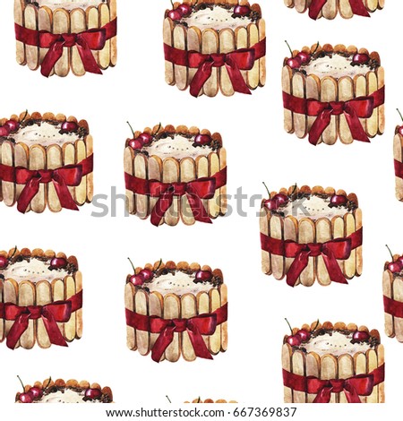 Seamless pattern with charlotte cake and red ribbon on white background. Hand drawn watercolor illustration.