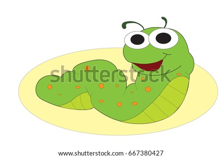 Colorful green caterpillar with orange spots with smiling happy face.