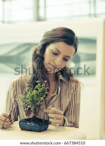 Woman and bonsai