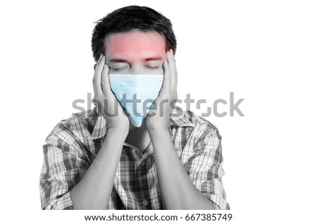 young man holding her head in pain. monochrome photo with red as a symbol for the hardening. isolated on white background. 