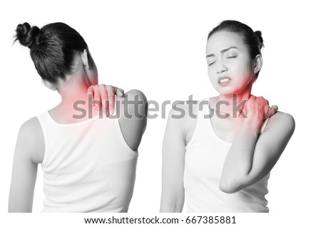 young women holding her shoulder in pain. photo with red as a symbol for the hardening.