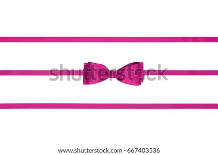 Pink gift bow with three horizontal ribbons on white background