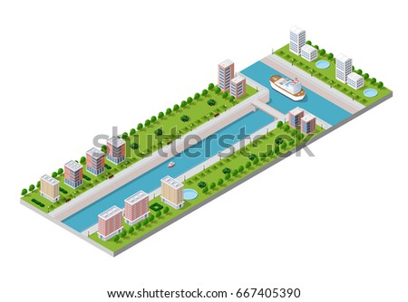 Isometric vector illustration of a modern city with a marina and river embankment. Dimensions of skyscrapers, houses, buildings and urban areas parks with transport routes, boats and ships