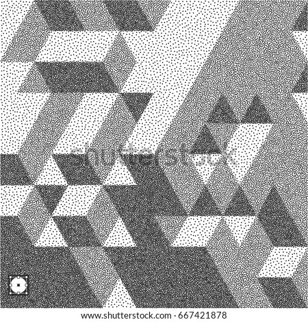 3d blocks structure background. Black and white grainy design. Stippling effect. Vector illustration.