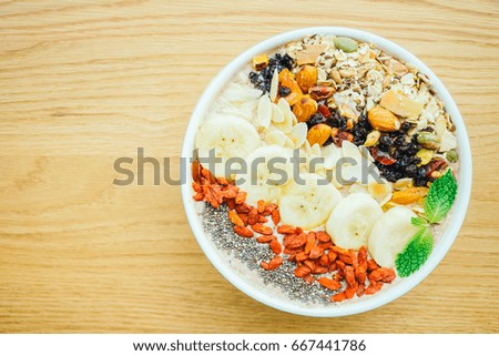 Mixed fruit with muesli and granola in bowl for breakfast - Color Filter Processing