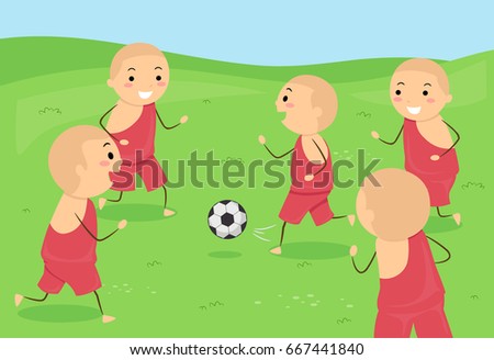 Illustration of Stickman Kid Monks Playing with a Soccer Ball Outdoors