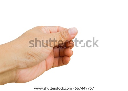 left hand of asian man holding invisible card isolated on white background