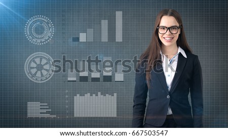 Smiling beautiful businesswoman in glasses close up portrait, drawing business concept background
