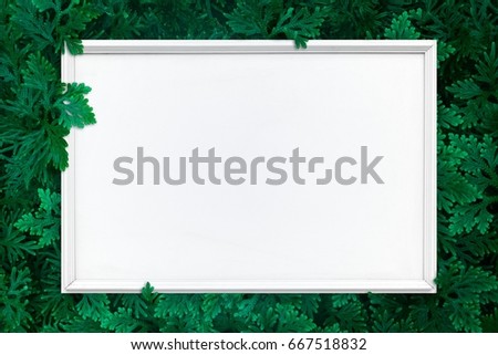 White wooden frame on hipster green leaves texture background