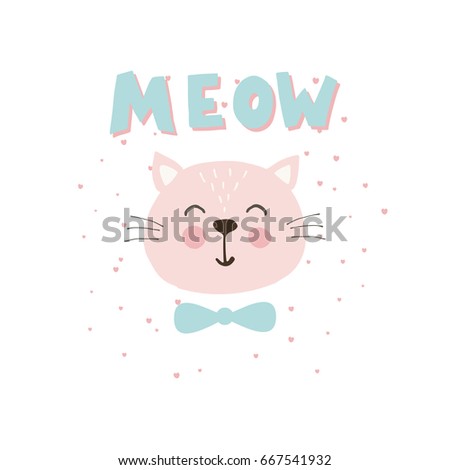Print with cute cat and phrase "meow" for children t-shirt.
