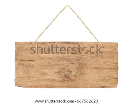 empty wooden sign with lope for hang on white background