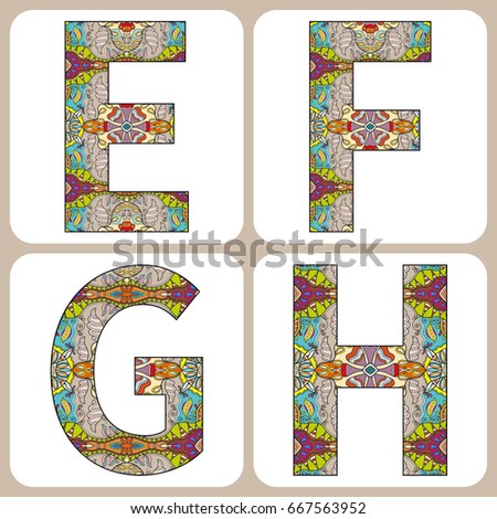 Vector alphabet, capital letters with floral and geometric ornament. Isolated design elements for scrapbooks, Invitations or Cards, fabric or paper print.