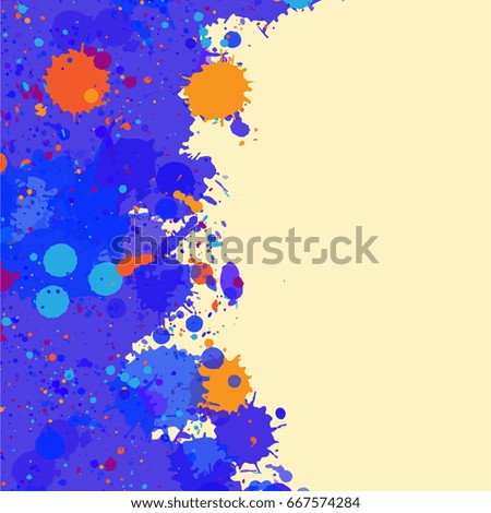 Vibrant bright blue and orange over beige watercolor artistic splashes frame with room for text. Vector illustration, square format.