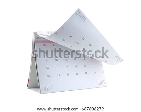 close-up desk calendar with days and dates in July 2017 and lines for note isolated on white background, flip the calendar page Royalty-Free Stock Photo #667606279