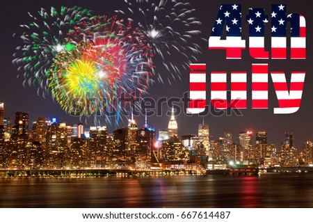 Firework over New York City at night with reflection in water. Panoramic view of Manhattan with firework, 4th July. USA celebration independence day