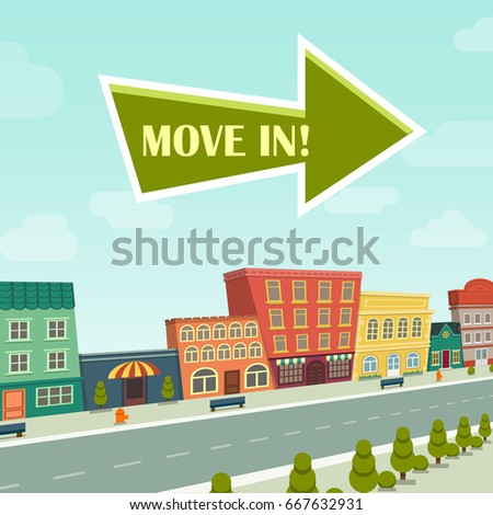 Postcard move in relocation with cute flat style houses, roads trees bush bench park sky cloud, big green arrow forward and pink heart on white background. Vector vertical clip art illustration