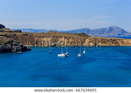 View of Lindos Bay at summer day, Rhodes. Greece. Europe.