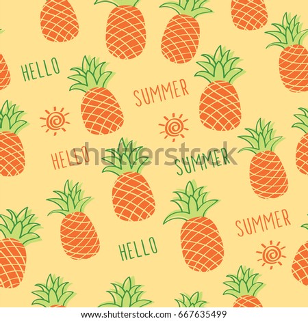 Hello summer.  Seamless pattern with pineapples for textile, wallpapers, gift wrap and scrapbook. Vector illustration.