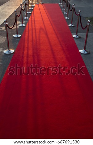 Long red carpet between rope barriers on VIP entrance. Royalty-Free Stock Photo #667691530