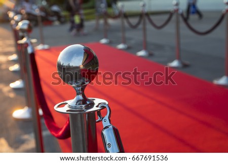 Long red carpet between rope barriers on VIP entrance. Royalty-Free Stock Photo #667691536