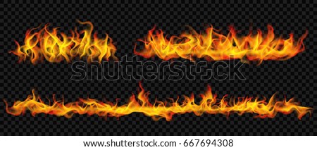 Set of horizontal long fire flame on transparent background. For used on dark backgrounds. Transparency only in vector format