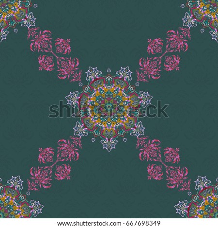 Vector illustration. Seamless abstract tribal pattern in blue and red colors. Hand drawn ethnic texture, flight of imagination.