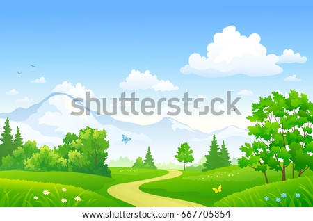 Vector cartoon drawing of a beautiful summer forest at the mountains