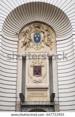 Close-up of the Lille Coat of Arms on the Porte de Paris in the historic city of Lille in France.